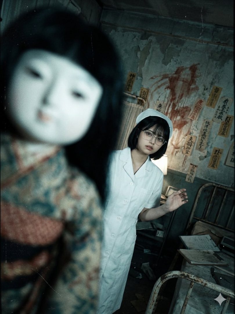 Young woman in nurse uniform stands in a derelict room beside a large out-of-focus Japanese doll under eerie lighting.