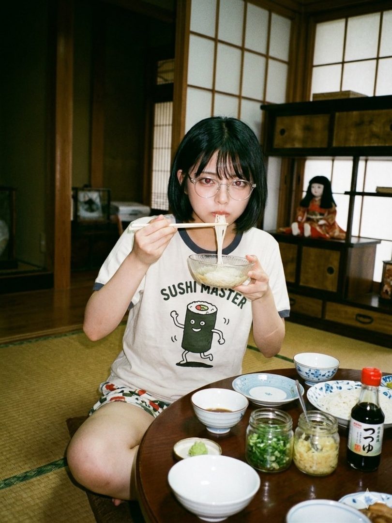 Young Japanese woman with short black hair and glasses eating noodles at a low table in a traditional tatami room.