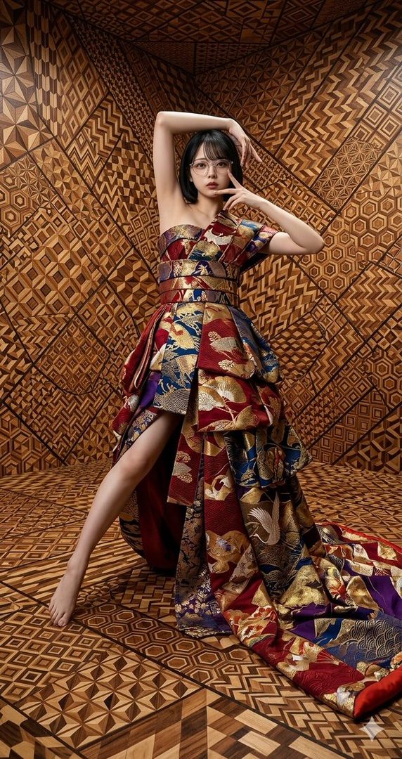Elegant young woman in a vibrant red and gold kimono-style dress posing gracefully inside a room with intricate wooden geometric patterns.