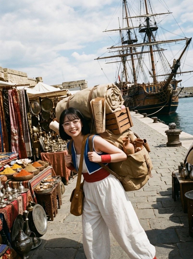 Smiling young woman with glasses in a Dragon Quest style adventurer outfit carrying a large pack stands on a sunny stone harbor beside a tall ship and spice market stalls.