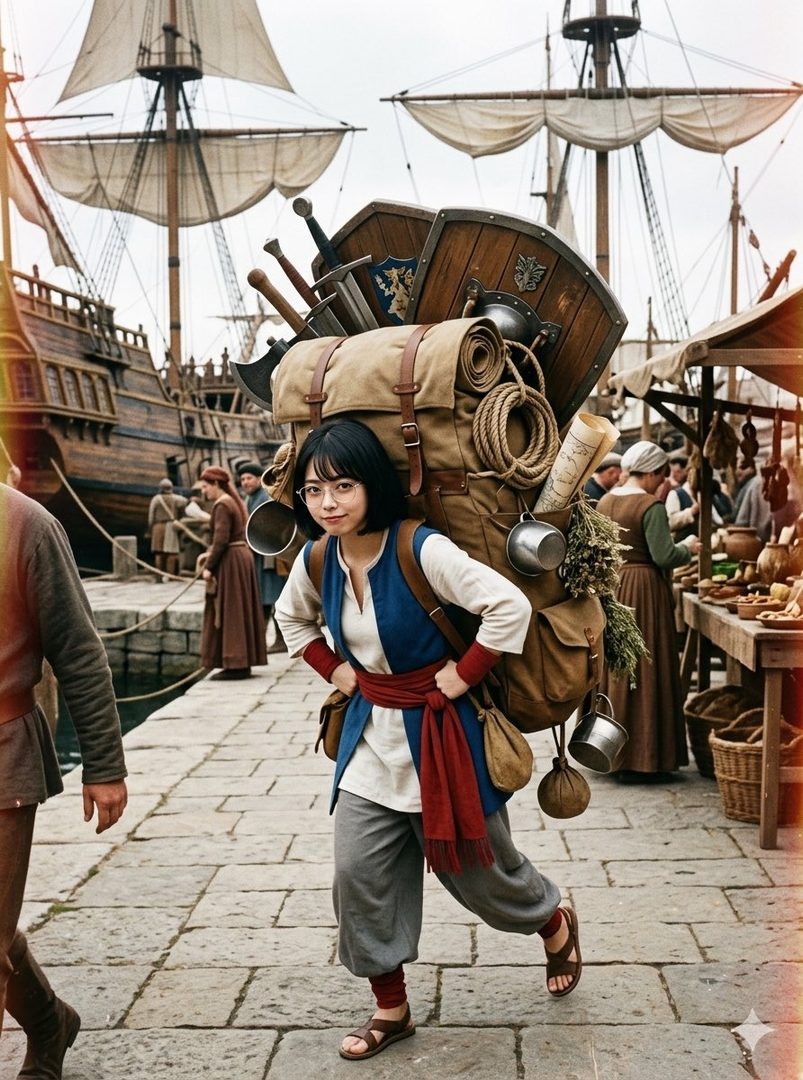 Young female adventurer with short black hair and glasses carrying an oversized fantasy backpack on a bustling medieval dock beside tall ships.
