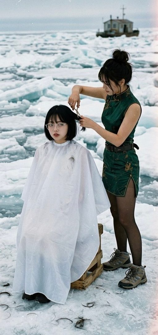 Two young women in an extreme arctic setting, one receiving a haircut while wearing a white cape on a wooden crate amid ice floes.