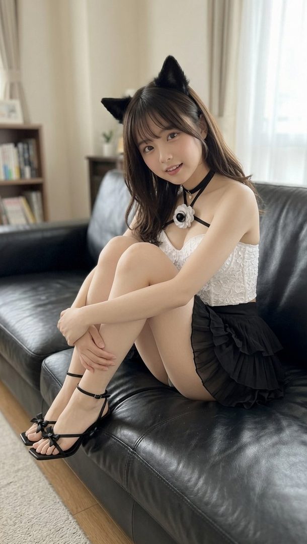 Young woman in playful cat cosplay outfit with lace top and ruffled skirt posing on a black leather couch.