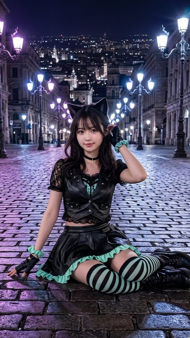 Young woman in black gothic lolita outfit with cat ears posing on a lit cobblestone street at night.