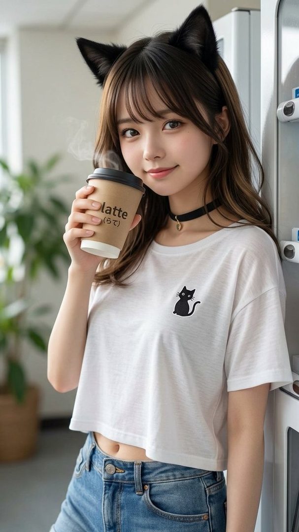 Young woman with cat ears holding a steaming latte while leaning against a refrigerator in a bright kitchen.