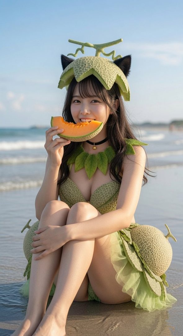 Young woman in a cute melon-themed cosplay outfit sitting on the beach holding a slice of melon.