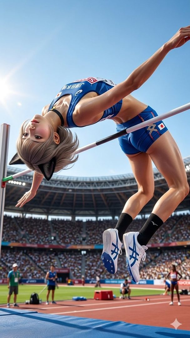 Anime-style female athlete with cat ears in a blue Japanese uniform performing a high jump over the bar in a crowded Olympic stadium under bright daylight.