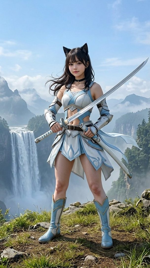 Cat-eared female warrior in light blue armor poses with a large sword on a rocky cliff overlooking a misty waterfall and mountains.