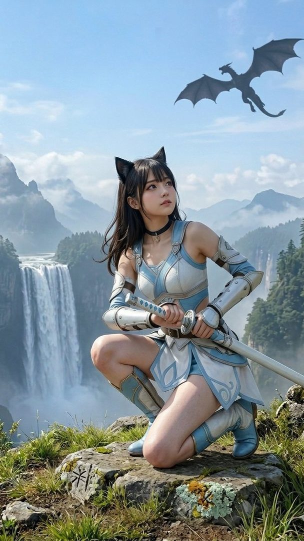 Fantasy warrior woman with cat ears in light blue armor kneeling on a cliff with a sword, overlooking a misty waterfall and mountains under a dragon-filled sky.
