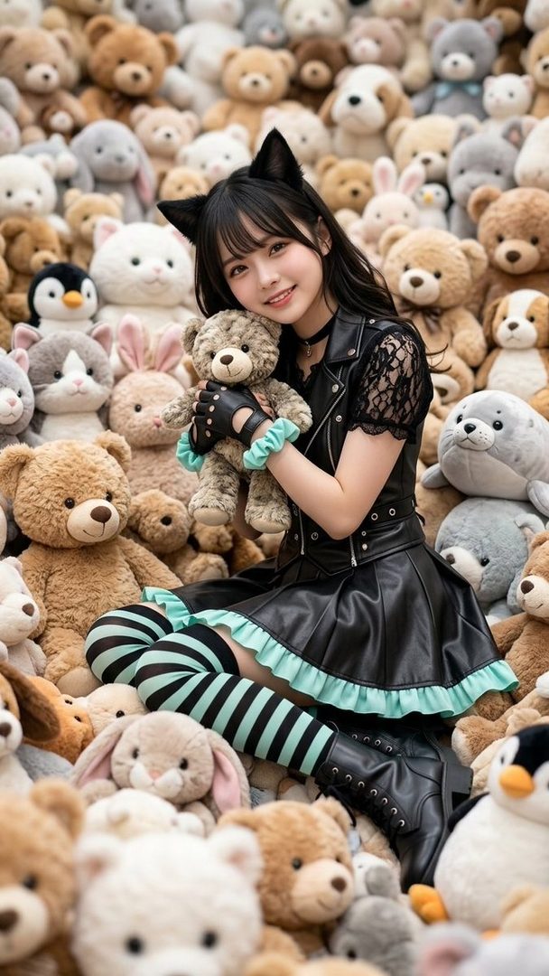 Young woman in black and mint green gothic lolita punk outfit with cat ears smiling while sitting among a large pile of teddy bears and plush toys.