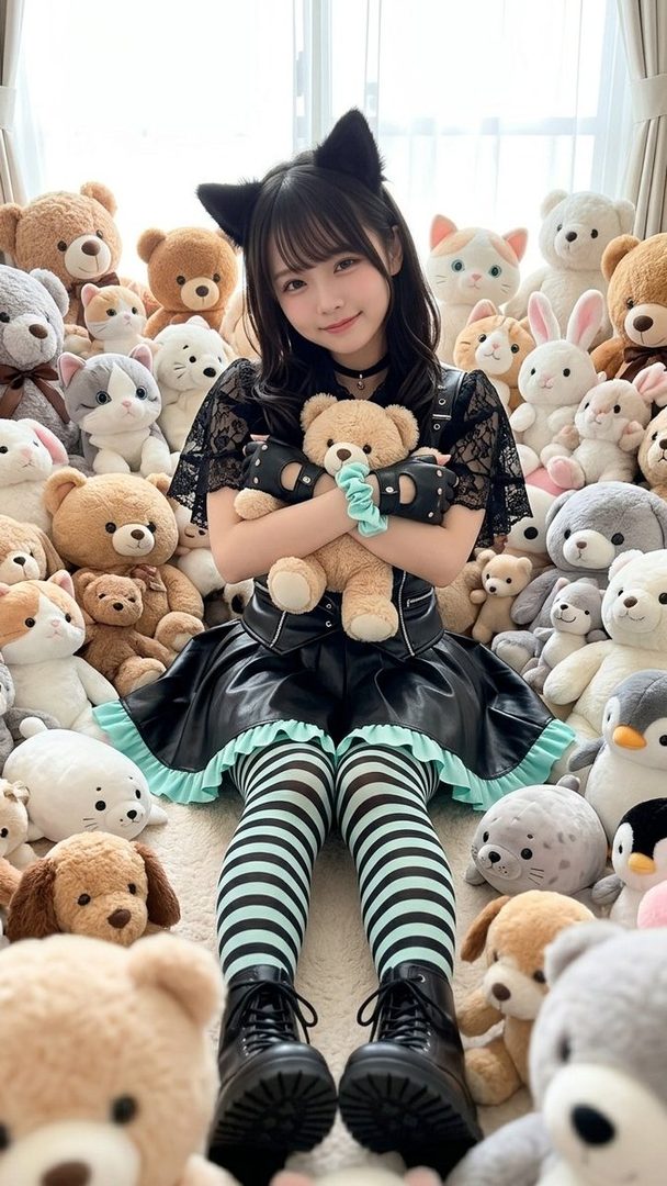 Young woman in gothic lolita punk fashion with cat ears sitting among a sea of plush toys while hugging a teddy bear.