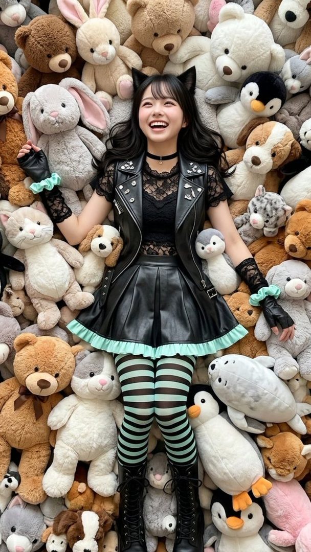 Young woman in black gothic lolita punk outfit with cat ears smiling while lying on a large pile of stuffed animals.