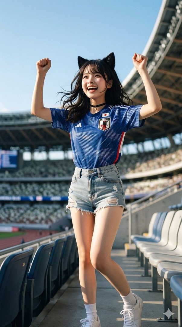 Young woman in Japan national soccer jersey and denim shorts posing excitedly with cat ears in a sunny stadium.