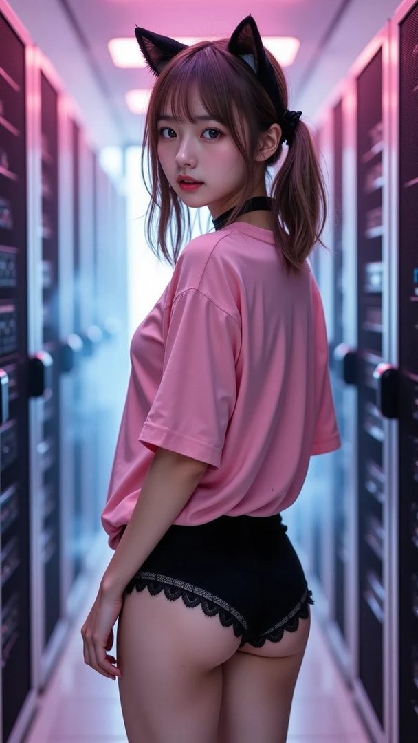 AI-generated portrait of a young woman with cat ears in a pink shirt posing inside a glowing data center server room.