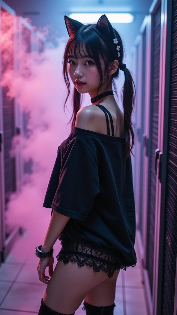 Young woman with cat ears in a black off-shoulder top poses inside a neon-lit data center filled with pink smoke.