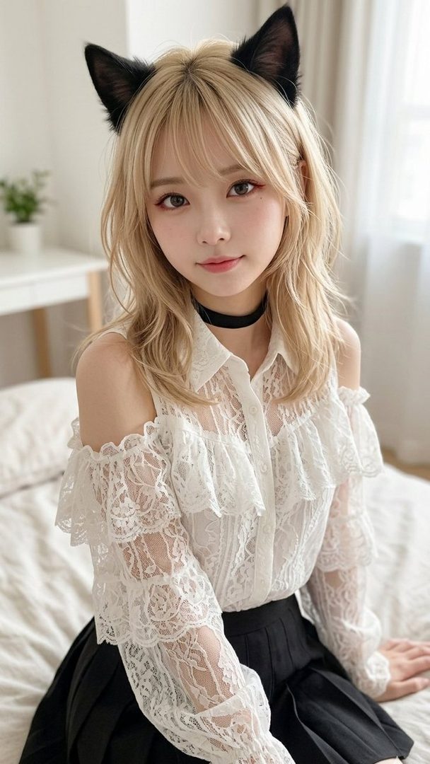 Blonde young woman with cat ears wearing a white lace off-shoulder blouse and black choker, posing cutely on a bed in soft indoor light.