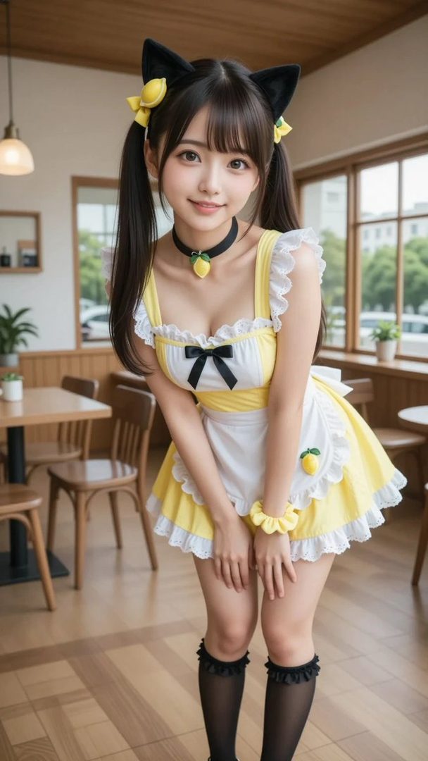 A young woman in a cute yellow lemon-themed maid outfit with cat ears posing invitingly inside a bright cafe.