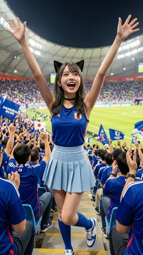 Energetic young woman with cat ears wearing a Japan national team jersey and pleated skirt cheering with arms raised in a packed soccer stadium.