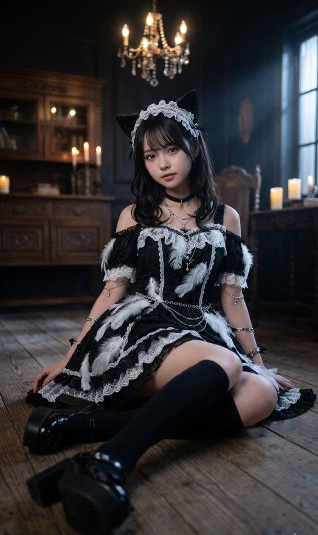 Young woman in elaborate black gothic lolita dress with white feathers and cat ears posing on a wooden floor in a candlelit vintage room.