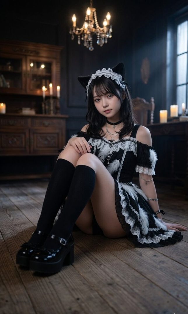 Young woman in black gothic lolita dress with cat ears and feathers posing on a wooden floor in a candlelit antique room.