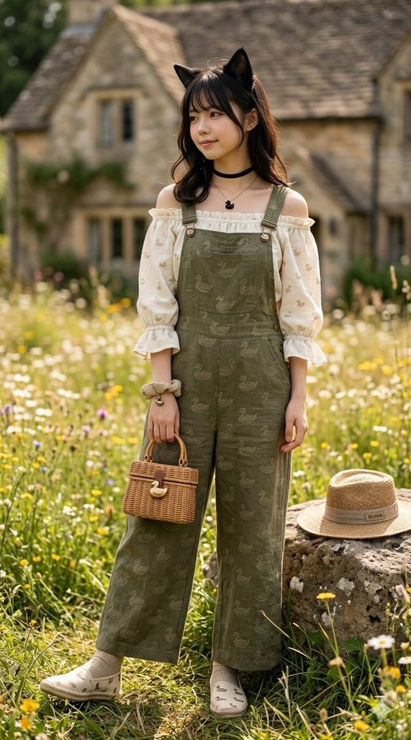 Young woman with cat ears wearing duck-patterned overalls posing in a sunny flower field beside a stone cottage.