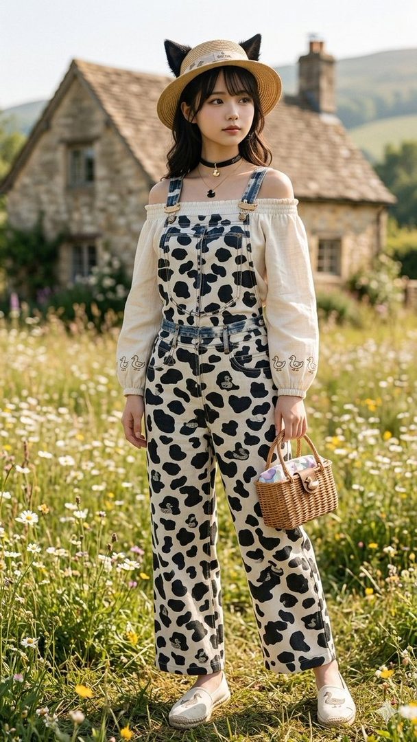 Young woman in cow-print overalls and cat-ear straw hat posing with a basket in a sunny flower field by a stone cottage.