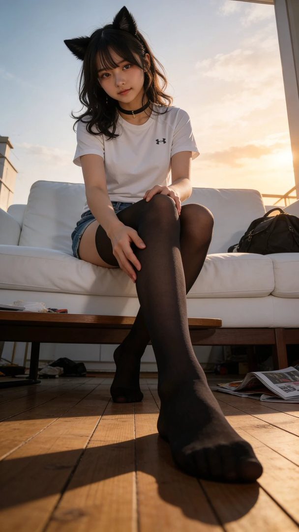 Young woman with cat ears in black tights and white tee posing on a white sofa during golden hour sunset.
