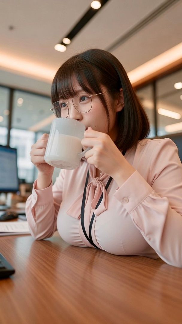 A young Japanese office lady in a pink blouse leans on a wooden desk while sipping from a white mug in a bright modern office.
