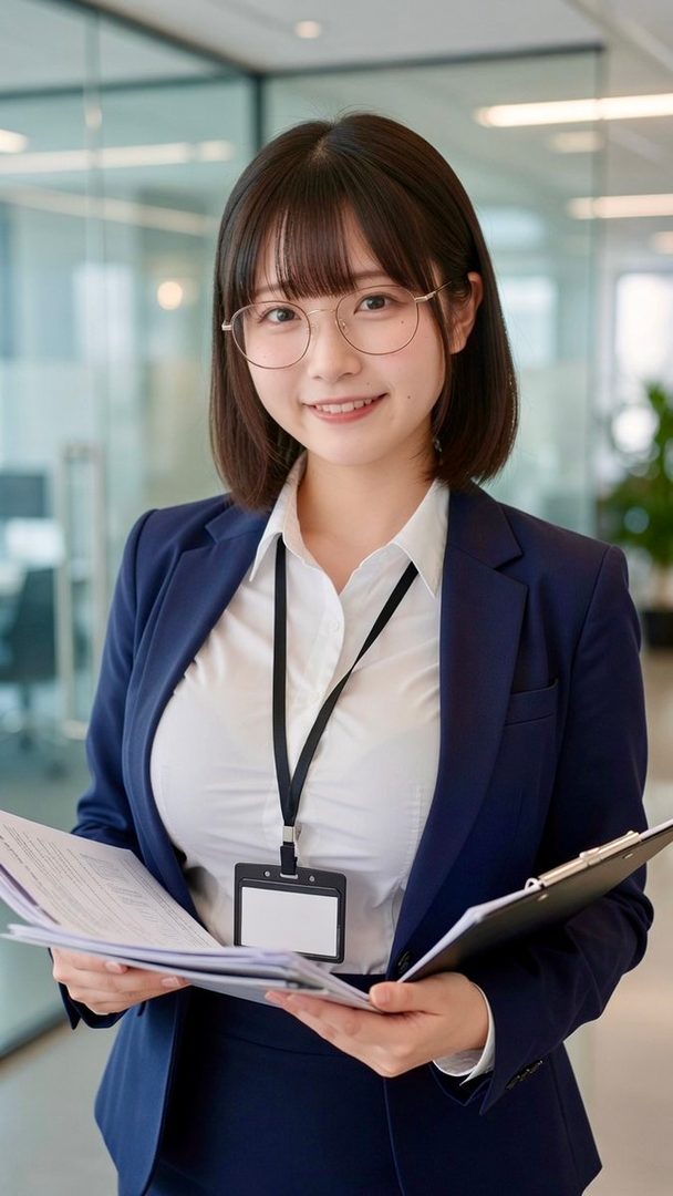 A young Japanese woman in a navy blue business suit and glasses smiles while holding documents and a clipboard in a modern office.