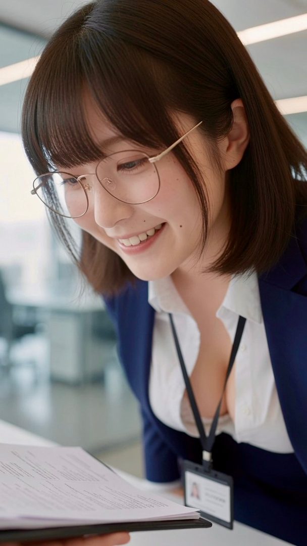 Smiling young Japanese office lady with glasses and a blue blazer reading documents in a bright modern office.