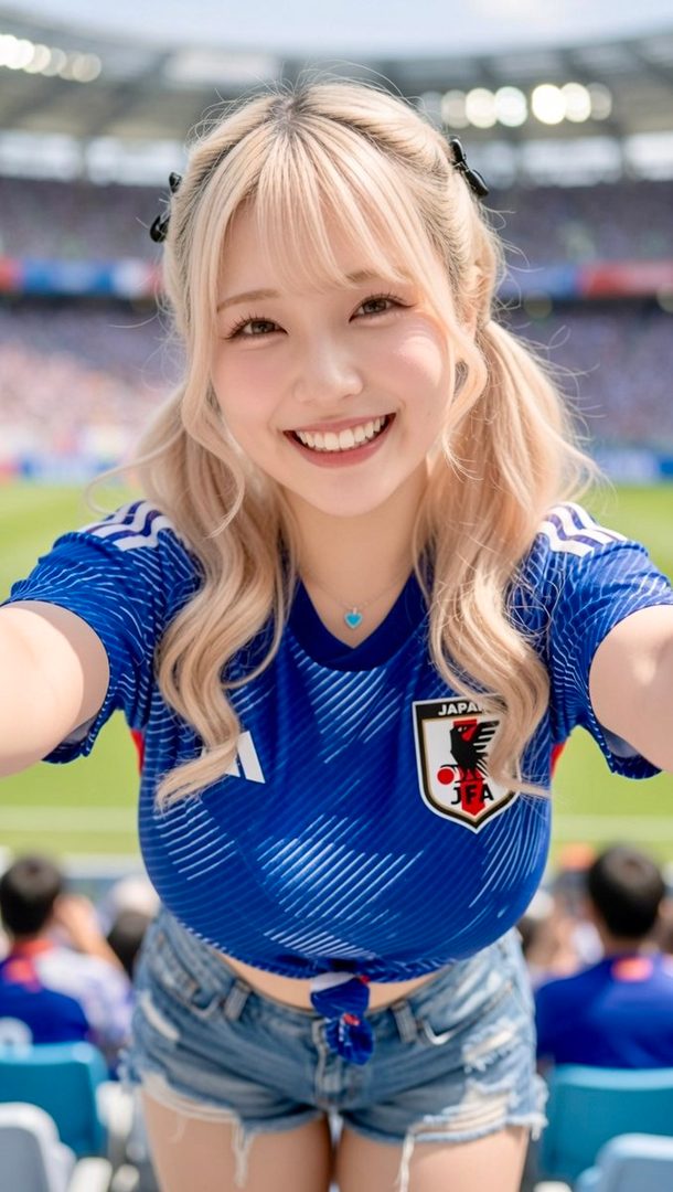 Smiling blonde woman in Japan soccer jersey taking a selfie in a stadium.