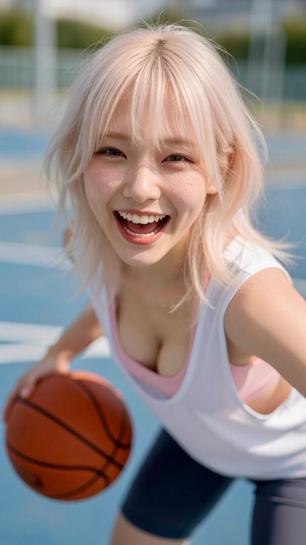 Joyful young woman with platinum pink hair smiling while holding a basketball on an outdoor court.