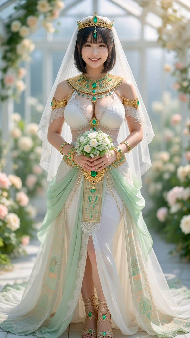 Smiling young woman in an ornate Egyptian-inspired white and mint green wedding gown with gold and emerald jewelry, veil, and bouquet, standing in a sunlit floral conservatory.