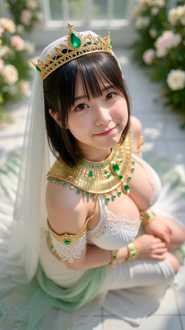 Young East Asian woman in an elaborate Egyptian-inspired white lace wedding gown with gold and emerald jewelry and crown, posing with a gentle smile in a blooming garden.