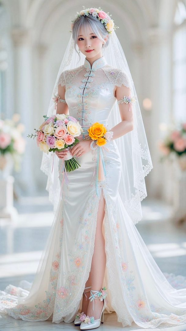 Elegant young woman with silver hair wearing a white Chinese qipao-style wedding dress and veil, holding a colorful bouquet in a grand hall.