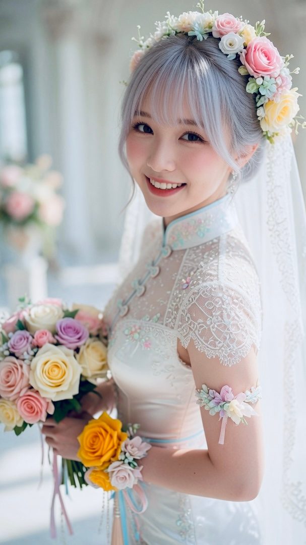 Smiling young woman with silver hair and floral crown wearing an elegant white lace cheongsam wedding dress while holding a colorful rose bouquet.