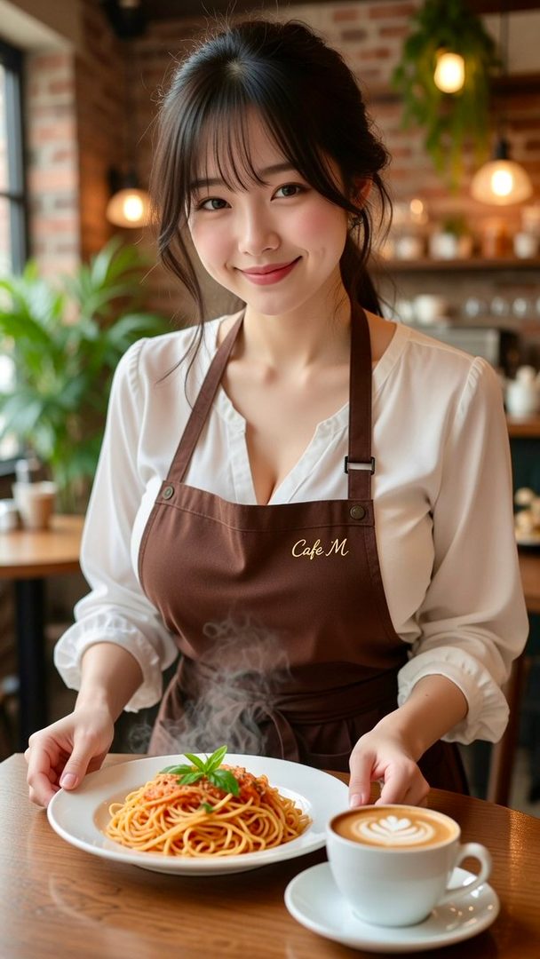 A young East Asian woman in a brown cafe apron smiles while serving a plate of spaghetti and a latte in a cozy brick-walled cafe.