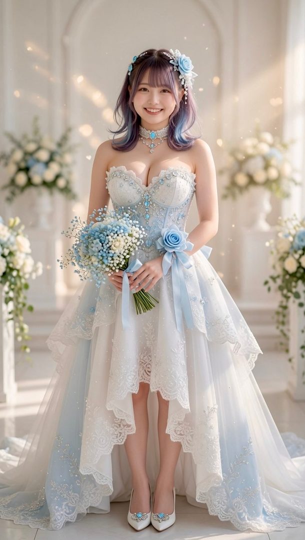 Smiling young woman in an elegant light-blue and white strapless wedding dress holding a blue bouquet inside a sunlit ornate hall.