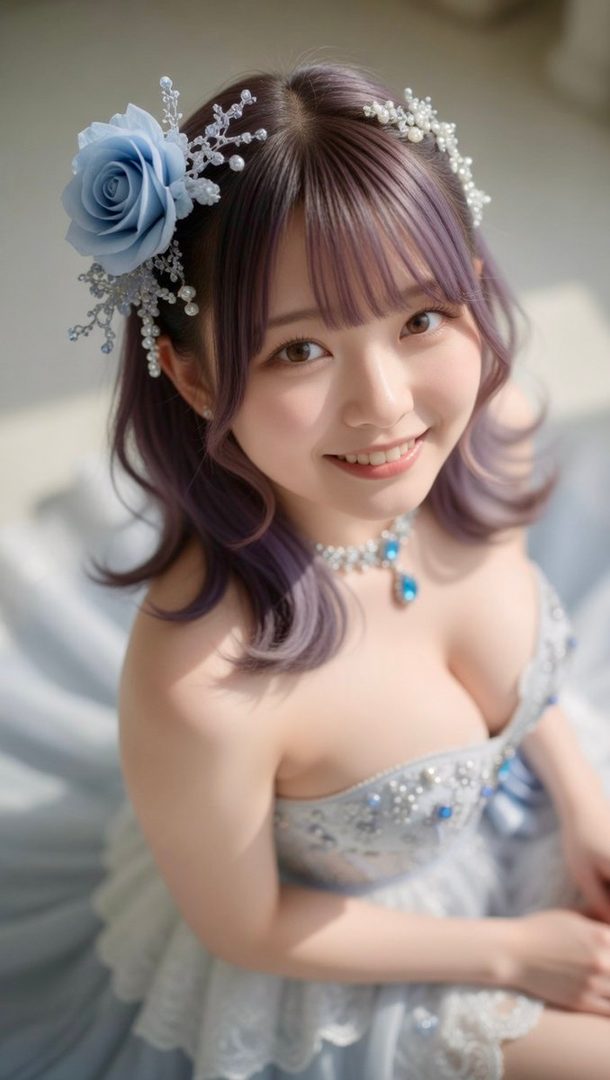 A young woman with lavender-purple hair in a light blue strapless wedding dress, wearing a blue rose hair accessory and smiling softly in soft lighting.