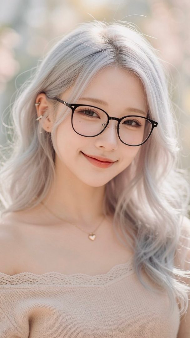 Portrait of a young woman with flowing silver hair, black glasses, and a gentle smile wearing an off-shoulder beige top against a soft bokeh background.
