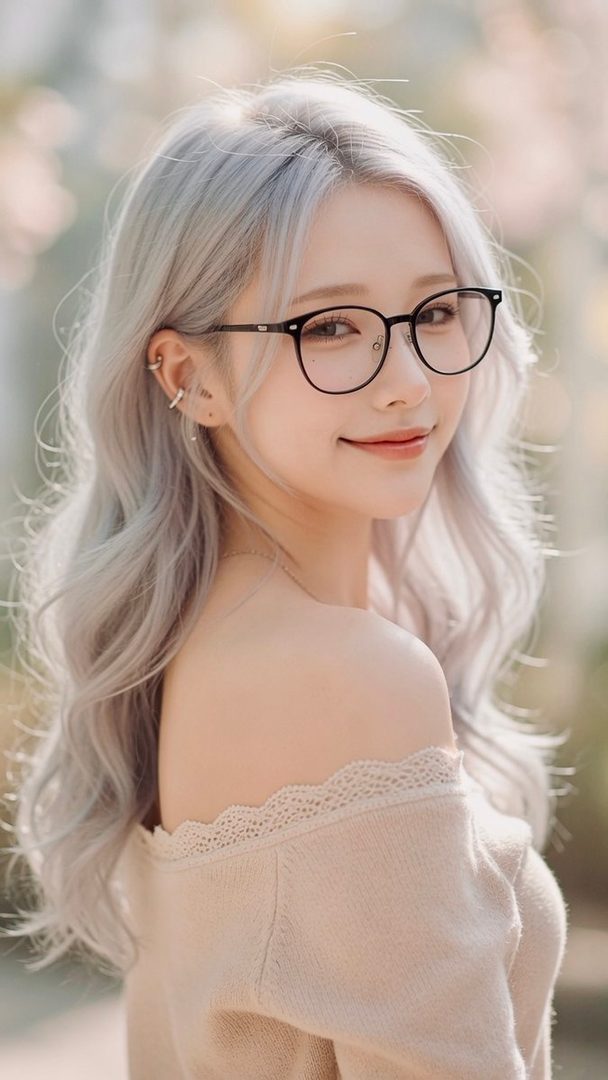 A young woman with long silver hair and black glasses wearing an off-shoulder beige sweater, smiling softly over her shoulder in warm bokeh lighting.
