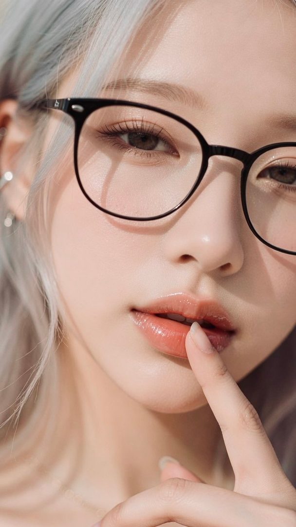 Close-up beauty portrait of a young woman with platinum silver hair wearing black glasses, gently touching her glossy lips with her finger under soft sunlight.