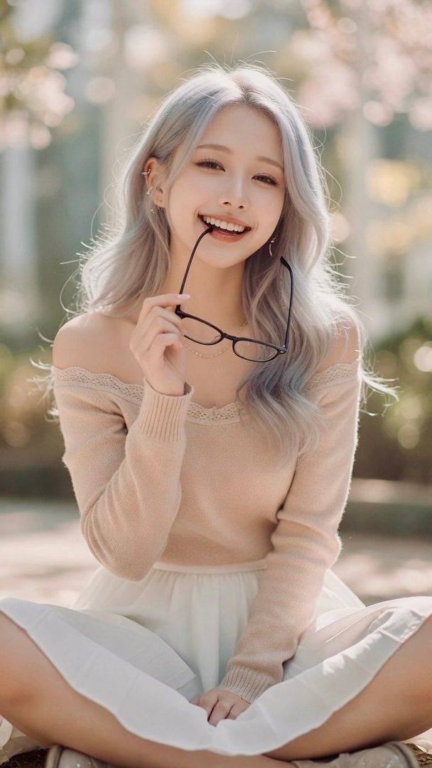 Smiling young woman with silver-blue wavy hair holding black glasses in a soft spring park setting with cherry blossoms.