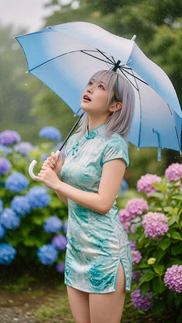 A young woman with silver hair wearing a light blue qipao holds a transparent umbrella while standing in a rainy garden filled with blooming hydrangeas.