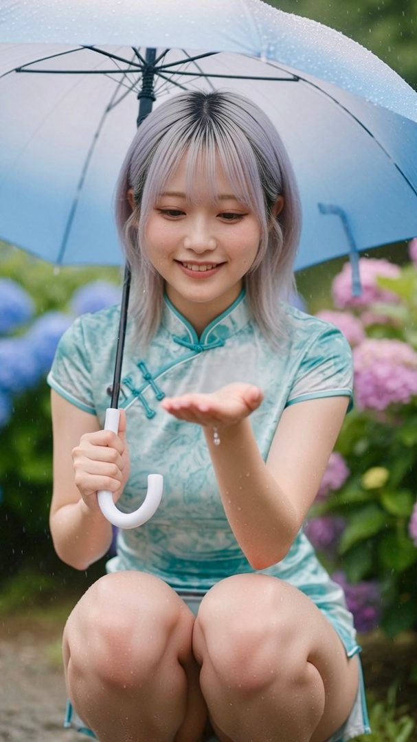 Young woman with silver hair wearing a turquoise qipao smiles while holding a transparent umbrella and catching raindrops among blooming hydrangeas.