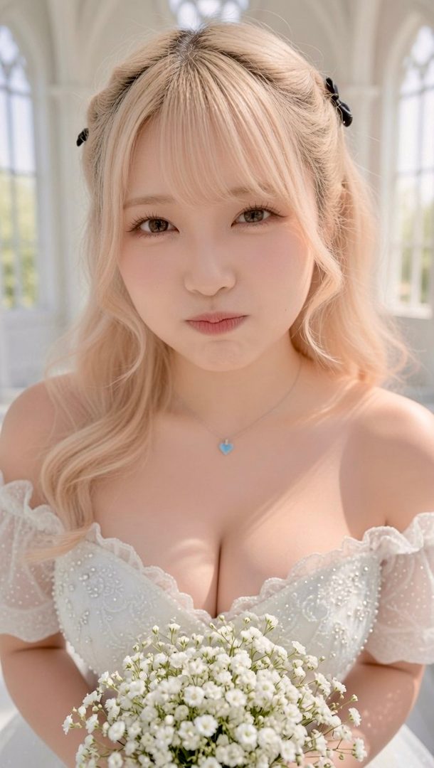 A young East Asian woman with platinum blonde hair wearing an off-shoulder white lace dress and holding a bouquet of white flowers in a bright elegant hall.