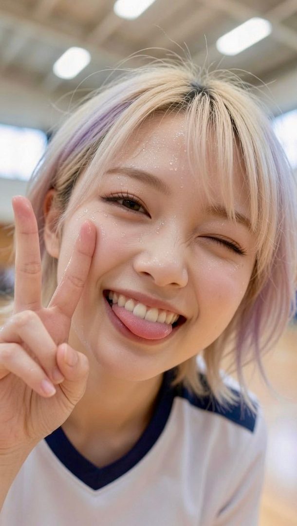 Young woman with colorful blonde hair making a playful peace sign and sticking out her tongue in a gymnasium setting.