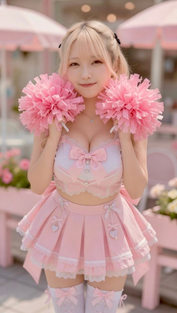 A young blonde woman in a pink cheerleader outfit holding pom-poms, smiling in a bright outdoor pink-themed setting.