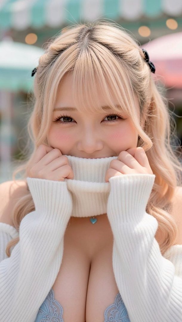 A cute blonde woman in an off-shoulder white sweater smiles shyly while pulling the collar up to her chin, revealing light blue lace underneath.