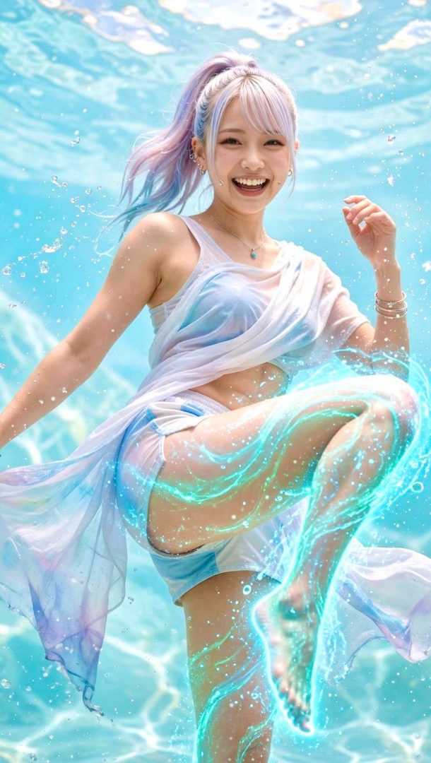 Smiling young woman with pastel rainbow ponytail hair posing dynamically underwater in sheer flowing swimwear with glowing cyan magic effects.